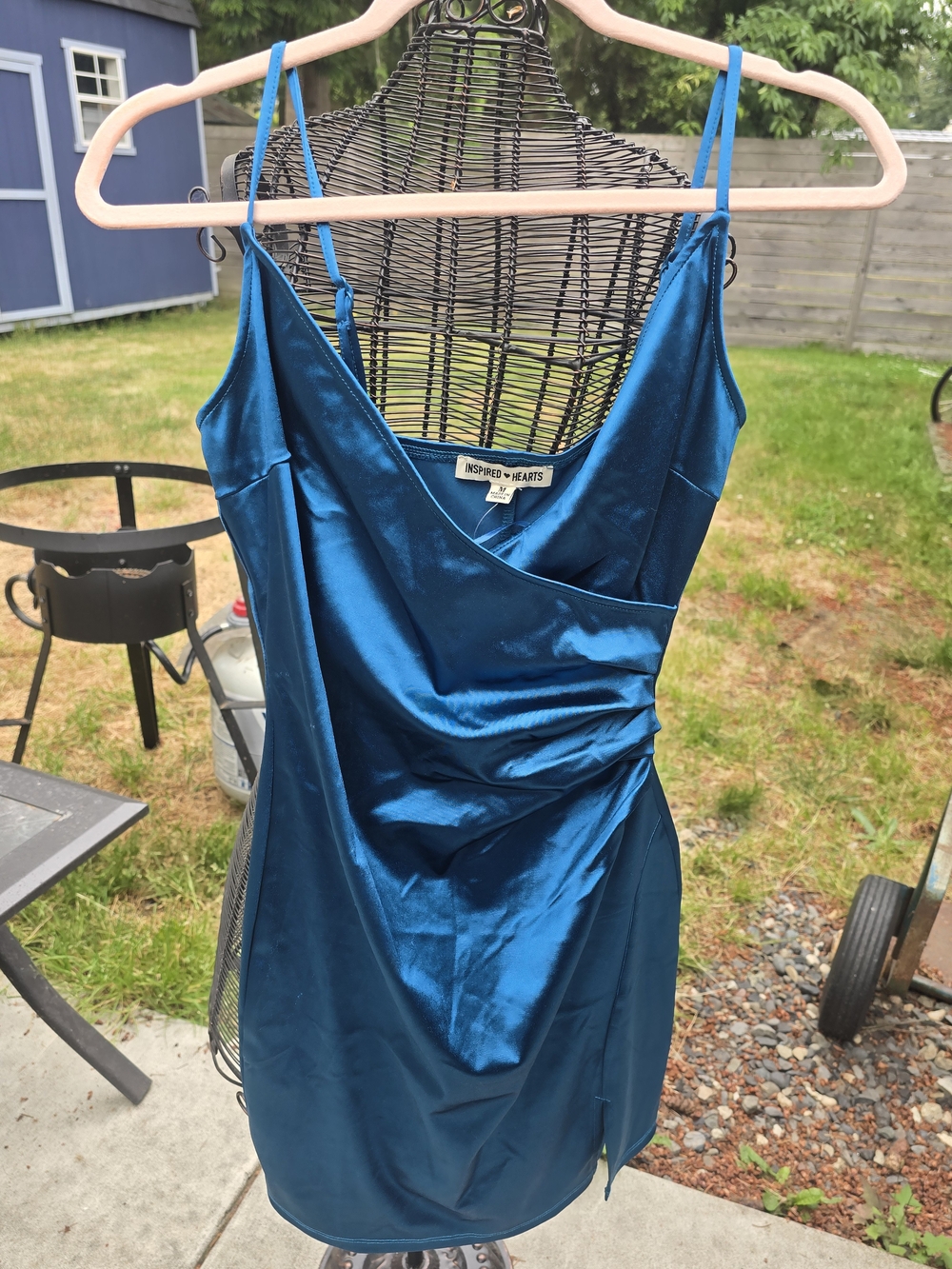 Inspired Hearts Shiny Teal Slip Dress with Draped Front